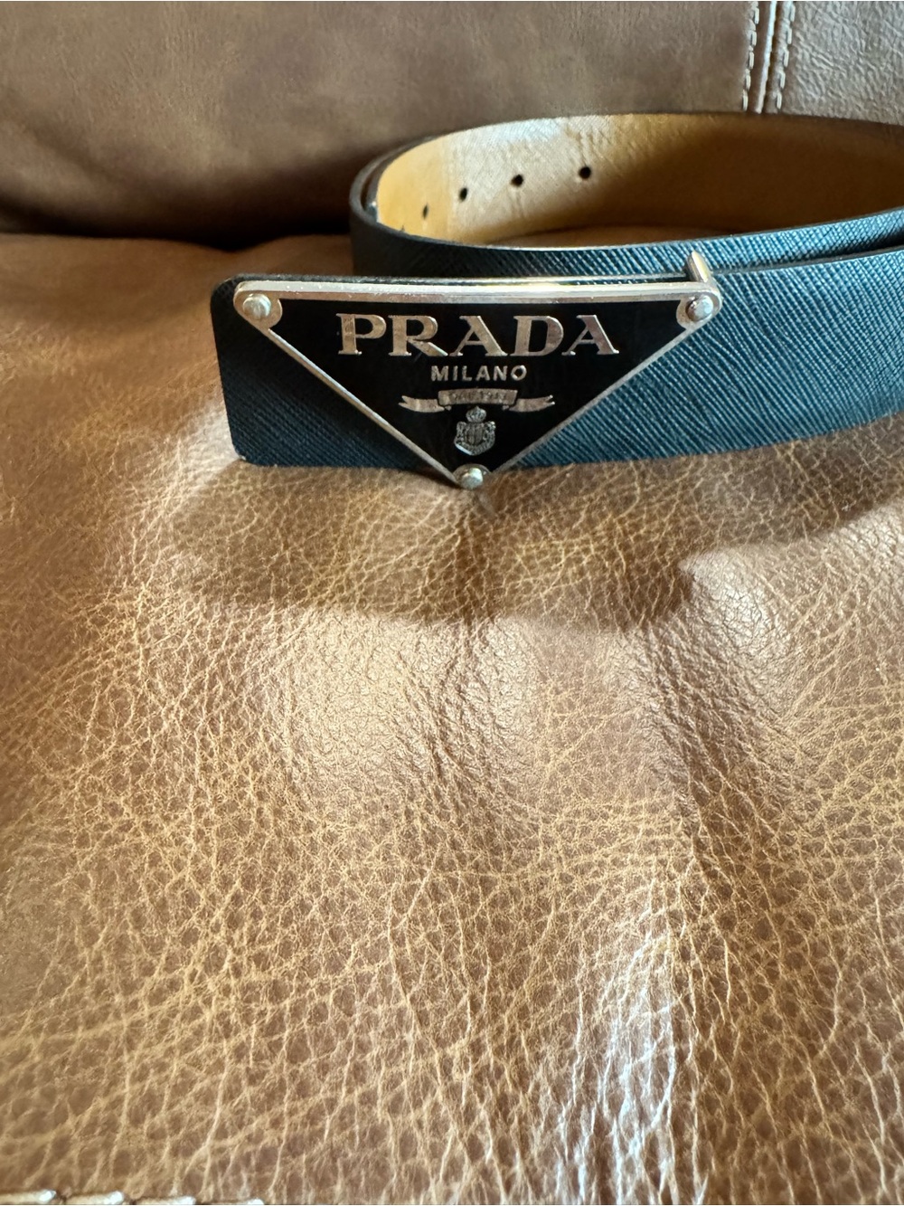 Prada Black Saffiano Leather Belt with Triangle Milano Plaque
